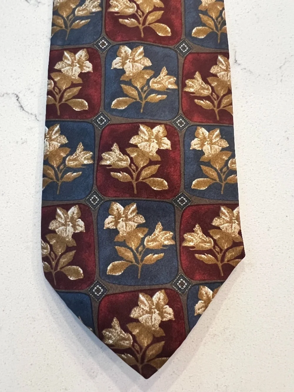 Vintage Boston Traders Beige Floral with Navy and Burgundy Print Silk Tie